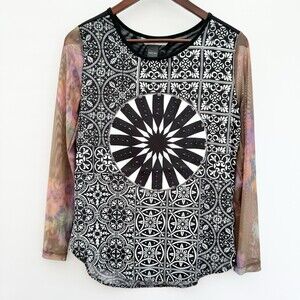 Desigual Women's Long Sleeve Geometric Print Top Sheer Floral Sleeves Size Small